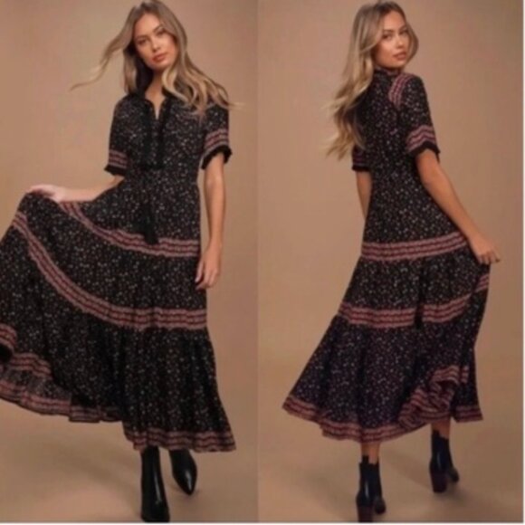 Free People Maxi Bohemian Black Floral Dresss - xs ($140) - Picture 1 of 8